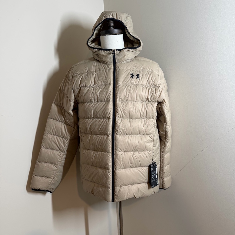 Under Armour Men’s Legend Down -SZ L- Tan Hooded Jacket Insulated Full Zip